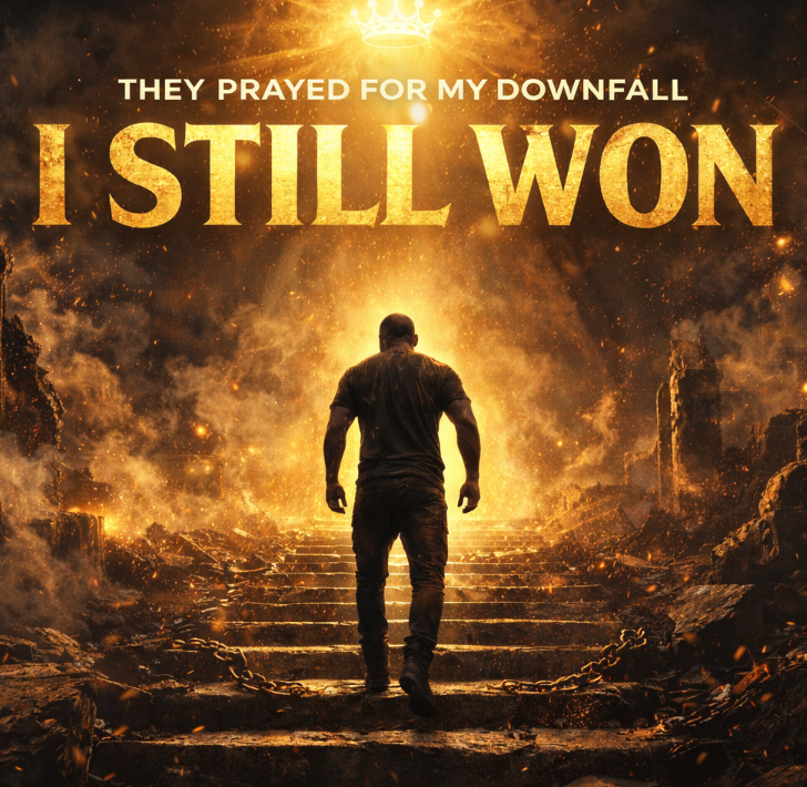 Man walking up a staircase towards a bright light with text 'I STILL WON' above him.